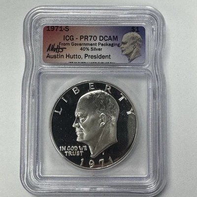 Dólar Eisenhower Ike 1971-S 40 % plata ICG PR70 DCAM firmado por Austin Hutto Foto 1 de 4