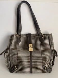 CHAPS Brown Herringbone Tote Shoulder Bag Handbag Purse Gold Hardware Preppy - Picture 1 of 24