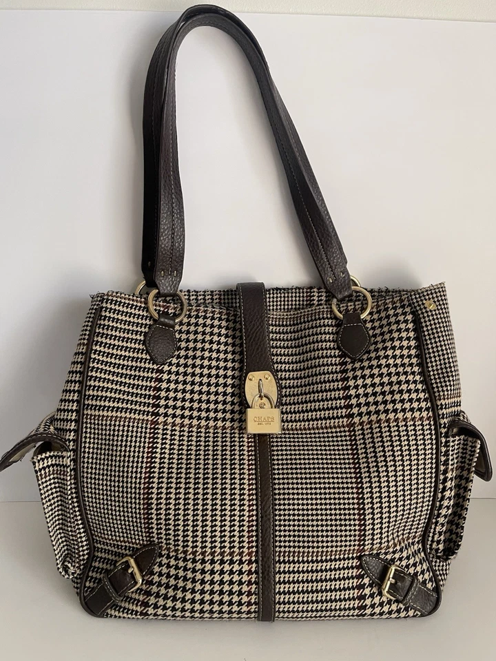 CHAPS  Brown Herringbone Tote Shoulder Bag Handbag Purse Gold Hardware Preppy - Image 1 of 4