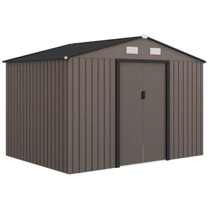 Outsunny 9 x 6FT Galvanised Garden Storage Shed with Sliding Door, Brown - Picture 1 of 11