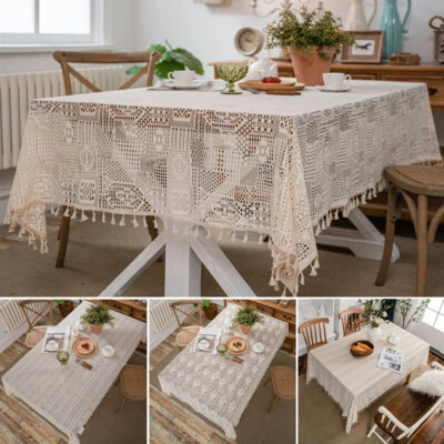 White Crochet Hollow Tablecloth Table Cloth Cover Dinner Room Kitchen Home Decor - Image 1 of 4