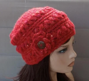 handmade crochet womans flower hat beanie wool blend red tweed puffs - Picture 1 of 3