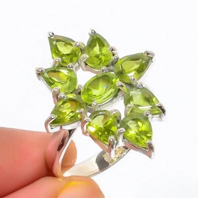 Peridot Stone Sister Handmade Cluster Heart Chakra Ring Solid Sterling Silver - Image 1 of 4