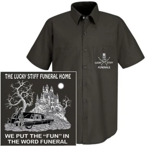 LUCKY STIFF FUNERALS WE PUT THE FUN IN FUNERAL LEICHENWAGEN SCHÄDEL BESTATTER WORKSHIRT - Bild 1 von 12