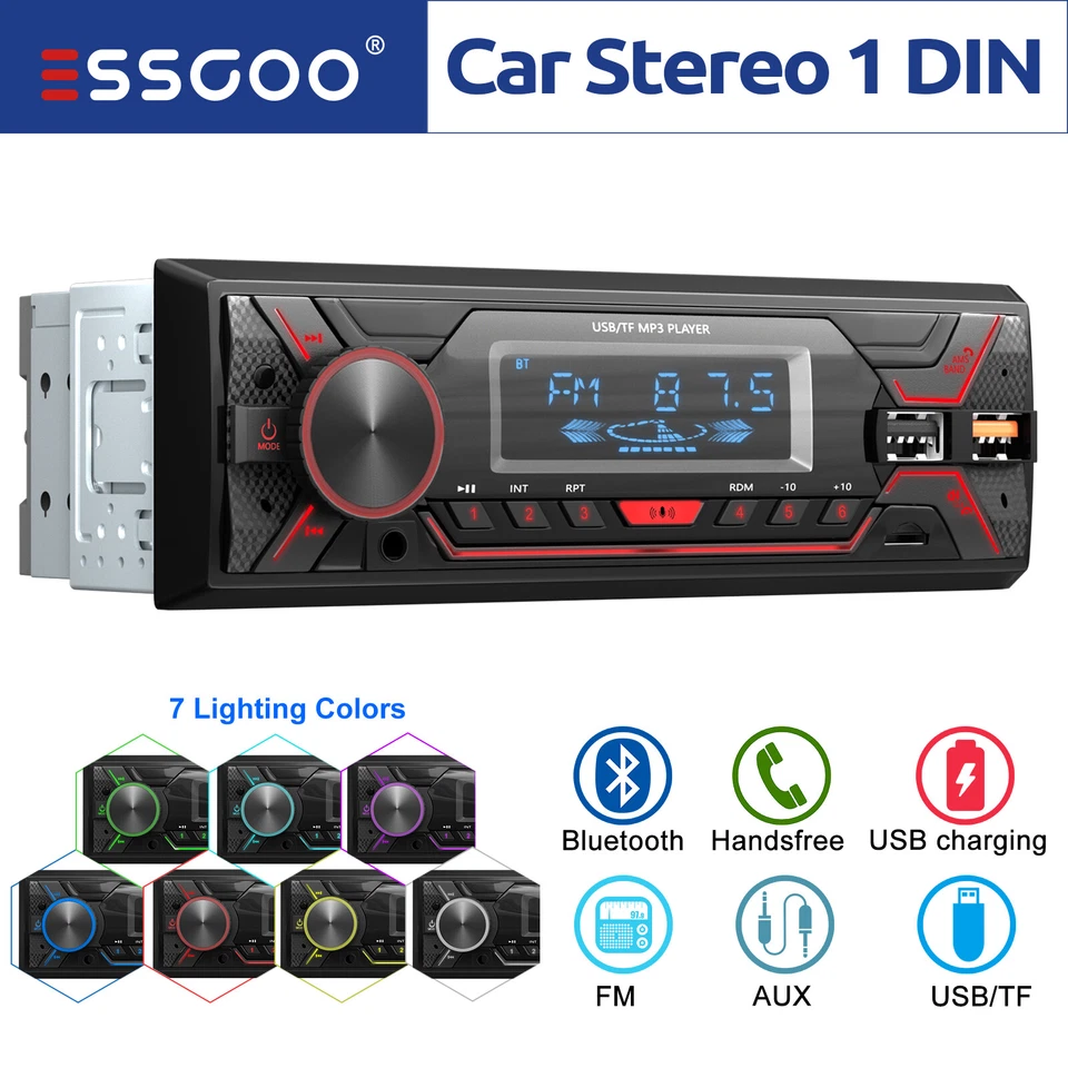 Autoradio Single DIN Bluetooth FREISPRECH MP3 FM USB SD AUX 7 Farben OHNE CD - Bild 1 von 4