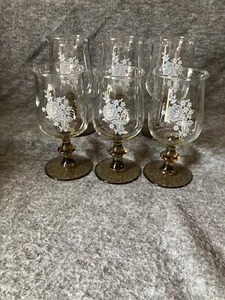 Set Of 6 • Vtg Libbey Tawny Brown Stemmed • Flower Wine Glasses • - Picture 1 of 7