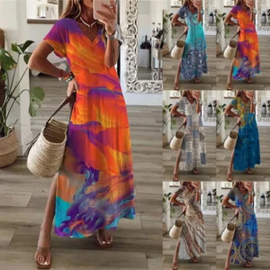 Women Boho Floral Maxi Dress Vintage Short Sleeve Summer Holiday Split Kaftan - Picture 1 of 16