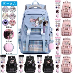 Cartoon Kuromi Canvas Schoolbag Backpack Shoulder Bag W/Badge Plush Ball Pendant - Picture 1 of 38