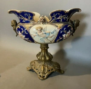 ANTIQUE VICTORIAN GILT METAL MOUNTED MAJOLICA COMPOTE WITH CHERUBS - Picture 1 of 11