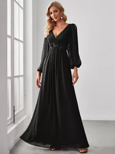 Elegant Chiffon V-Neckline Long Sleeve Formal Evening Dress - Picture 1 of 52