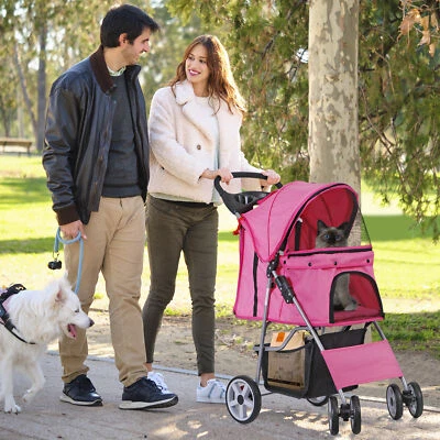 Folding Dog Stroller Travel Carrier Small Medium Cat Pet w/ Safe Cup Holder Pink - Image 1 of 4