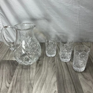 ABP American Brilliant Period Cut Glass Pitcher 8" Tall + 3 Crystal Glasses Star - Picture 1 of 8