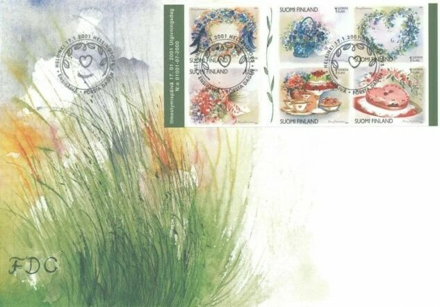 FLOWERS Friendship Love Valentines CAKE  BOQUET FINLAND BOOKLET 2001 FDC  UNADDR - Image 1 of 1