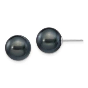 14k White Gold 10-11mm Black Round Freshwater Cultured Pearl Stud Post Earrings - Picture 1 of 2
