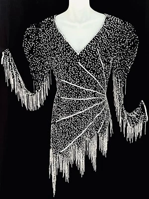 OLEG CASSINI*FORMAL~2 PC BLACK/DRIPPING SILVER BUGLE BEAD TOP W SILK SKIRT~SZ 6 - Image 1 of 4