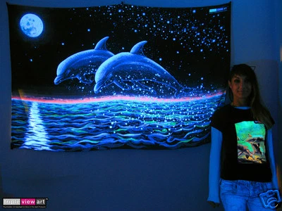 FULL MOON DOLPHINS Psychedelic Art UV Black Light Tapestry Wall Hanging Backdrop - Image 1 of 4