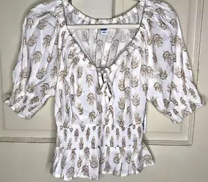 Neu mit Etikett Old Navy Schößchenbluse Puff Kurzarm Krawattenausschnitt weiß braun Gr. LT Bauer - Bild 1 von 16