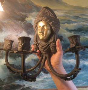 1 Bronze Messing Kerzenleuchter DAME Gesicht DEKO Gothic Mittelalter Arme Akanthusblätter - Bild 1 von 8