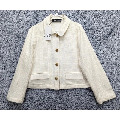 NWT Zara Tweed Cropped Blazer Size XL Gold Button Preppy Office Cream - Image 1 of 4