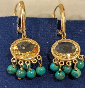 Stunning Yellow Gold, Turquoise Drop/Dangle Leverback Citrine Earrings ZB 14k - Picture 1 of 6