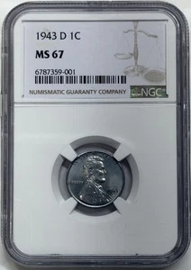 1943 D Lincoln Wheat Cent NGC MS 67 ~ Zinc-coated Steel - Picture 1 of 2