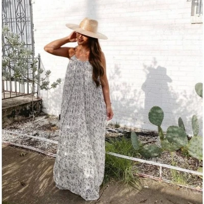 Maxi Vestido EASEL Plisado Estampado Floral Para Mujer M Azul Marfil Boho Cottagecore Fluido Foto 1 de 4