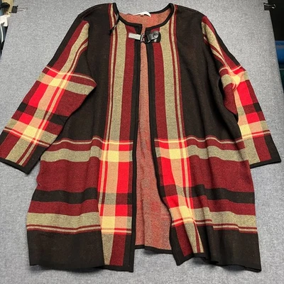 Cárdigan tejido a rayas a cuadros rojo negro dorado talla 2X Plus para mujer KASPER Foto 1 de 4