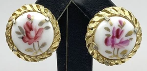 Vintage HOBE Ohrringe goldfarben & Porzellan HANDBEMALT WUNDERSCHÖN ROSA ROSENKNOSPEN - Bild 1 von 9