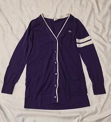 Cardigã suéter feminino Lacoste tamanho 40 EUA médio jacaré botão para cima roxo - Imagem 1 de 4