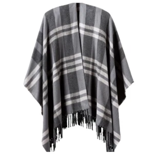 SIIZU x Causebox Plaid Wrap Cape Scarf Blanket Shawl Black Fringe 51"x55" - Picture 1 of 8