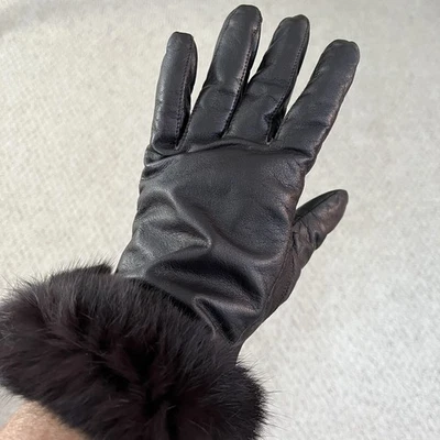 Guantes de Cuero con Borde de Piel de Conejo Genuino Cálidos Damas Guantes Marrón Oscuro Talla Med Foto 1 de 4