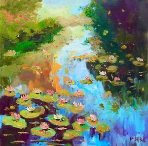 Original Oil Painting Water Lily Landscape IMPRESSIONISM Art canvas signed