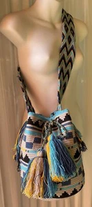 Bag Wayuu Mochila Bucket Boho Colombia Turquoise Navy Gold Gray Black LG Tassel - Picture 1 of 10