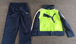 Puma Boys Track Suit 2T Sports Stretch Blue Green Large Logo Full Zip Pockets - Picture 1 of 12