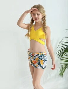 3Pcs Kids Girls Bikini Set Wrap Criss Cross Swimsuit Bathing Suit w/Beach Skirt - Picture 1 of 19