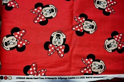 DISNEY MINNIE HEAD TOSS ON RED  100% COTTON FABRIC  30X43 INCHES - Image 1 of 2