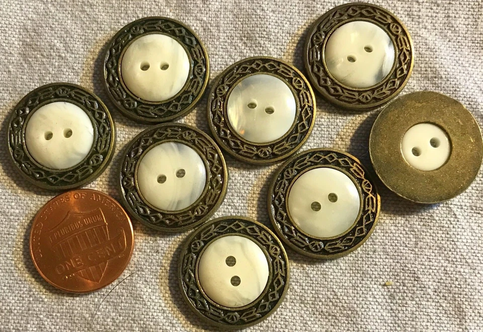 8 Brass Tone Metal Edge White FAUX MOP Plastic Buttons 13/16" 20MM Lot # 139 - Image 1 of 1