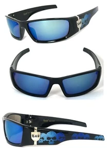 Gafas de sol Locs para hombre Cholo Biker UV400 - lentes flash negras (cráneo) azules LC55 - Imagen 1 de 2