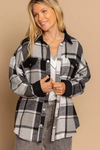 POL Clothing Women's Plaid Flannel Snap Front Shacket Jacket in Black/Grey - Picture 1 of 5