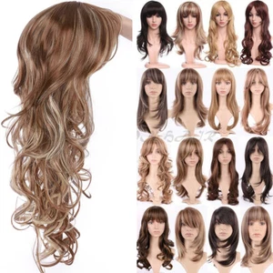 UK Women Long Hair Full Wig Natural Curly Wavy Straight Ombre Synthetic Wigs - Picture 1 of 36