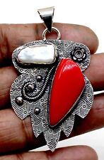 925 Sterling Silver Red Coral & MOP Gemstone Jewelry Pendant Size-2''