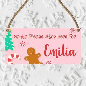 Personalised Santa Stop Here Wooden MDF Plaque Sign Pink Girl's Christmas Gift - Picture 1 of 14