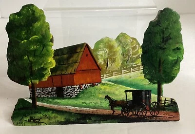 Amish slate painting with Barn & Buggy Signed M. Schorock 1991 - Image 1 of 4