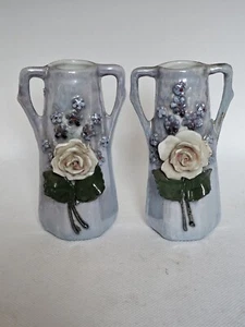 Vintage GERMANY BUD VASES 3D Floral Flowers 1930's Porcelain Set/2 Vtg - Picture 1 of 11