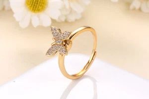 Gold Flower Butterfly Pave Cubic Zirconia Adjustable Band Ring - Picture 1 of 2