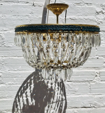 16x14" Vintage Crystal Chandelier, Bowl, Green, Gold, Tiered, Semi Flush, Brass Cover
