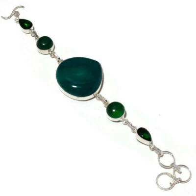 Cabochon Green Onyx, Diopside Glass Gemstone Silver Overlay Handmade Bracelet - Image 1 of 3