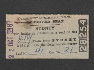 BILLETE DE TREN ASIENTO RESERVADO NSW SYDNEY DEPARTAMENTO DE FERROCARRILES AÑOS 60 DE COLECCIÓN - Imagen 1 de 2