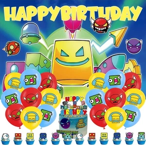 Geometry Dash Birthday Party Supplies Set Balloons Cake Toppers Banner - Picture 1 of 14
