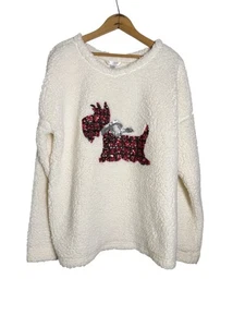 Sherpa Pullover Sweater XL 16-18 Winter White Scottie Dog Plaid Sequin - Picture 1 of 5